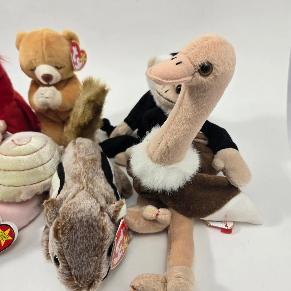 Ty Beanie Babies Lot Swirly Snail Stretch Ostrich Nuts Squirrel Mac Monkey Hope